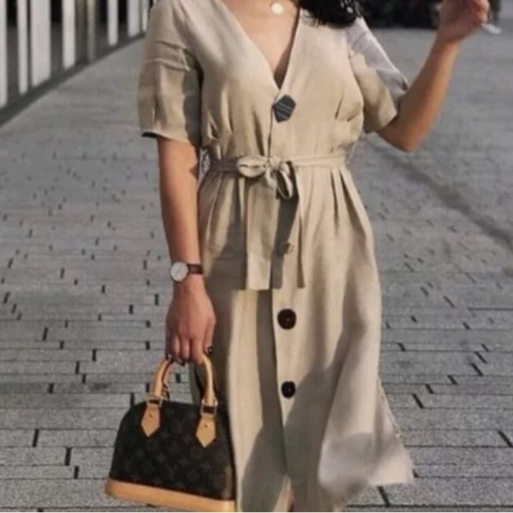 Zara Midi Dress. Tan Linen Blend. Women's Size M. Pleated Sleeve & Tie Waist